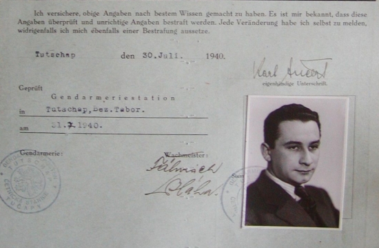 Karel Ančerl. Dokument z policejního registru Židů z roku 1940