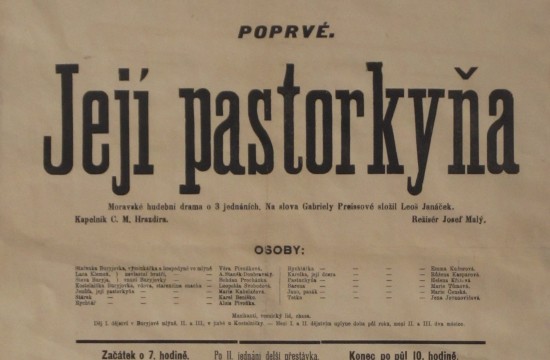 Plakát k prvnímu uvedení Její pastorkyně v Národním divadle v Brně v roce 1904