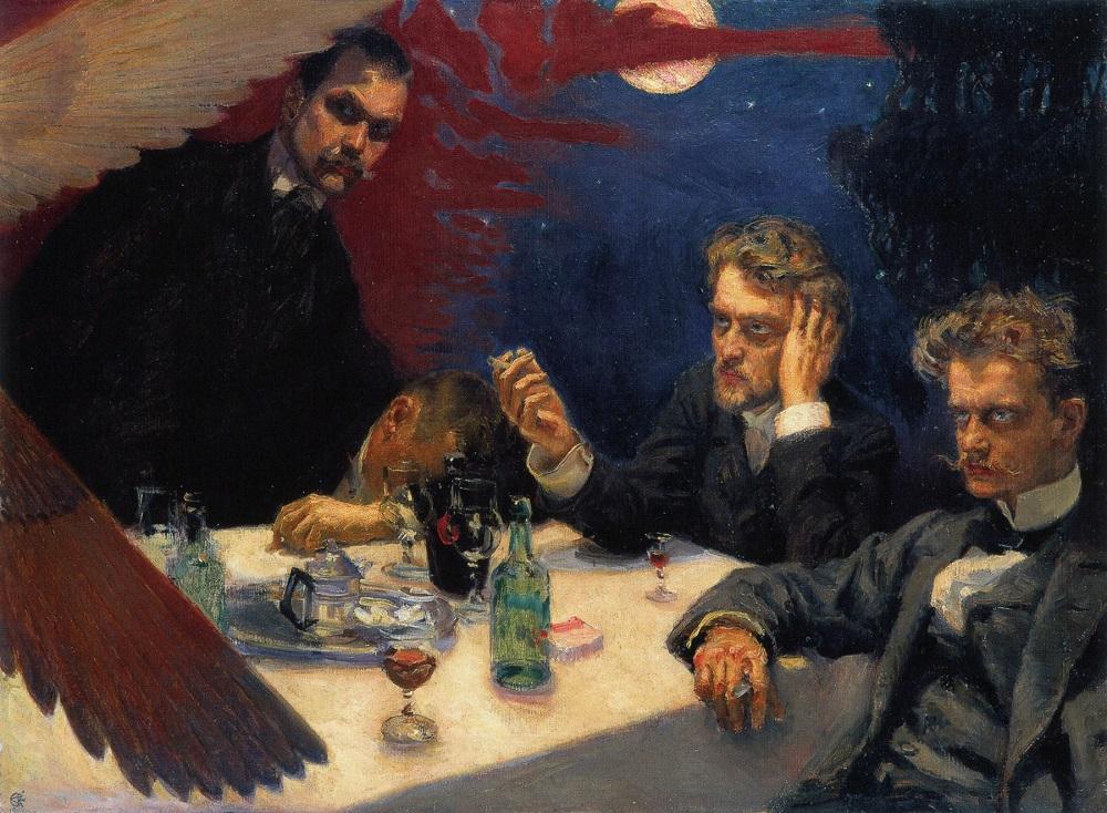 Jean Sibelius na obraze Symposium (1894) finského malíře Akseli Gallen-Kallela(1865–1931). Zleva Akseli Gallen-Kallela, Oskar Merikanto, Robert Kajanus a Jean Sibelius.